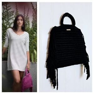 Binge Crochet Black Fringe Tote Bag Boho Chic Handbag Chunky Summer Purse
